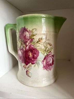 Vintage Green-Rim Floral Ceramic Pitcher with Pink Rose Motif